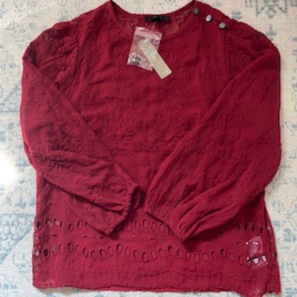 🧡 3/15 NWT J. Crew Balloon Long Sleeve Maroon Embroidered Blouse Women's XS - Picture 4 of 15